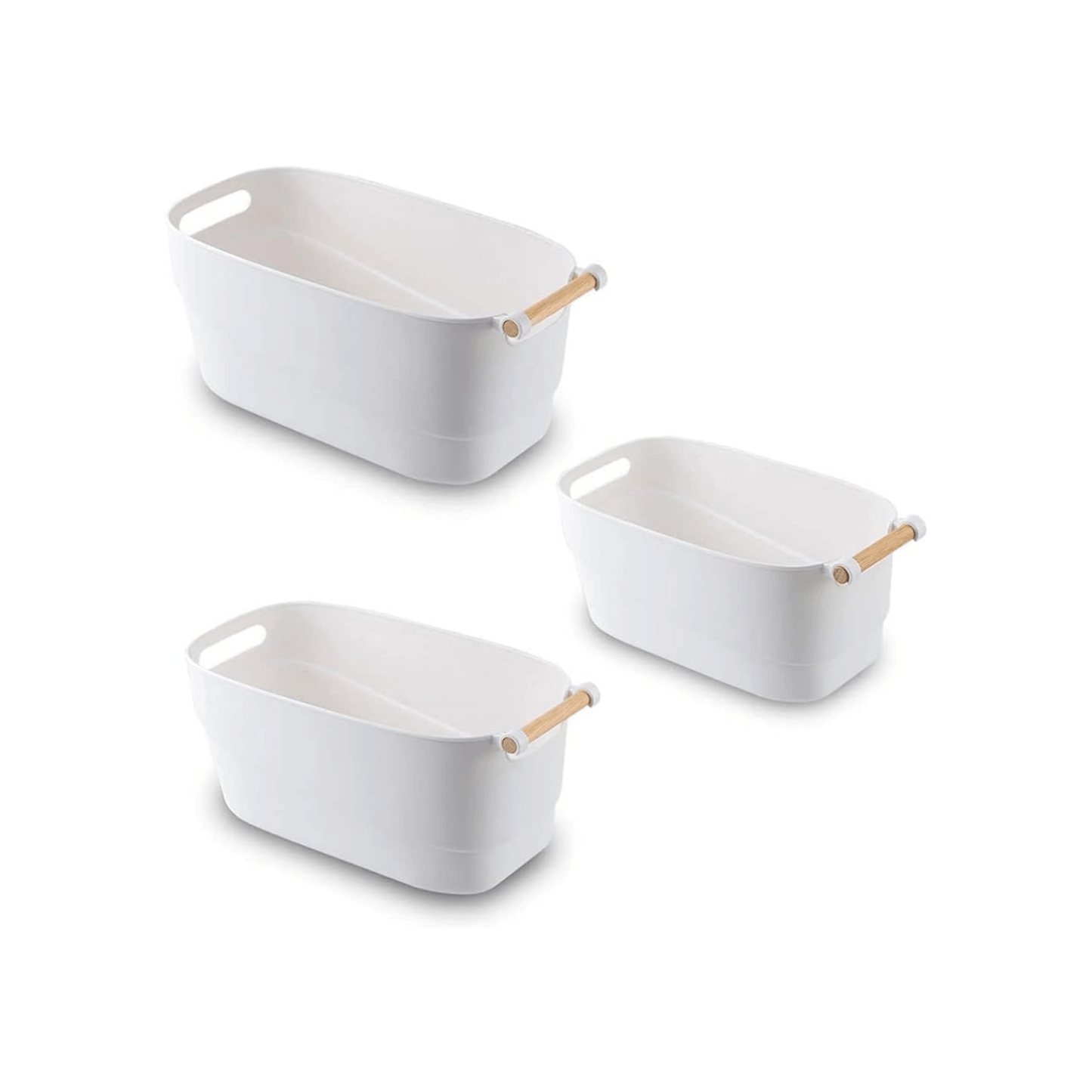 Medium White Storage Tub with Wooden Handle-3