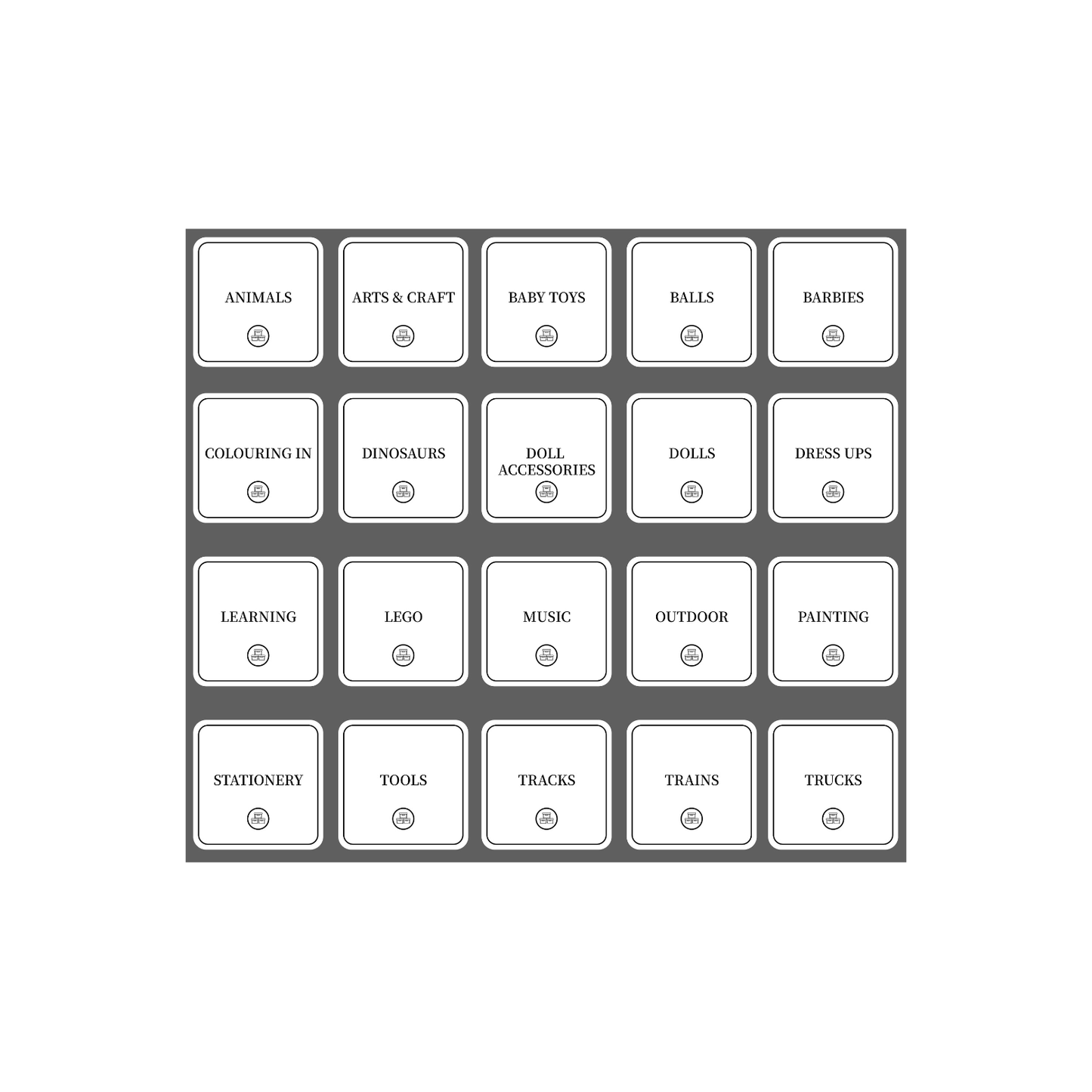 Toy Room Organisational Stickers – 36 Pack – Square-1