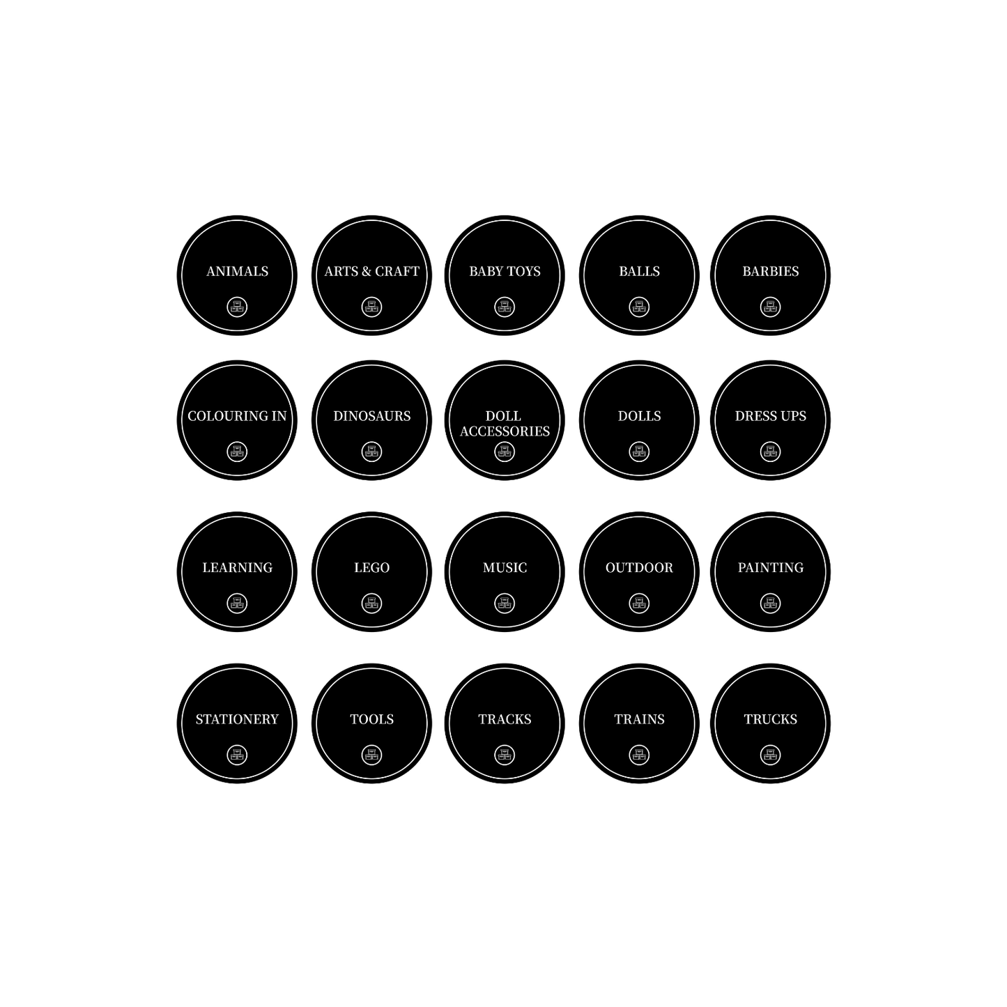 Toy Room Organisational Stickers – 36 Pack – Round-1