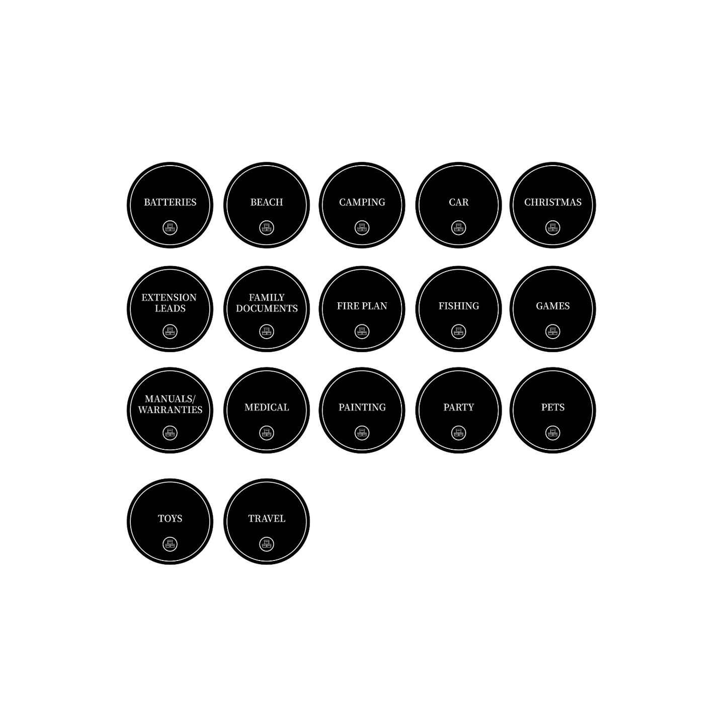 Garage Organisation Stickers – 32 Label Pack – Round-2