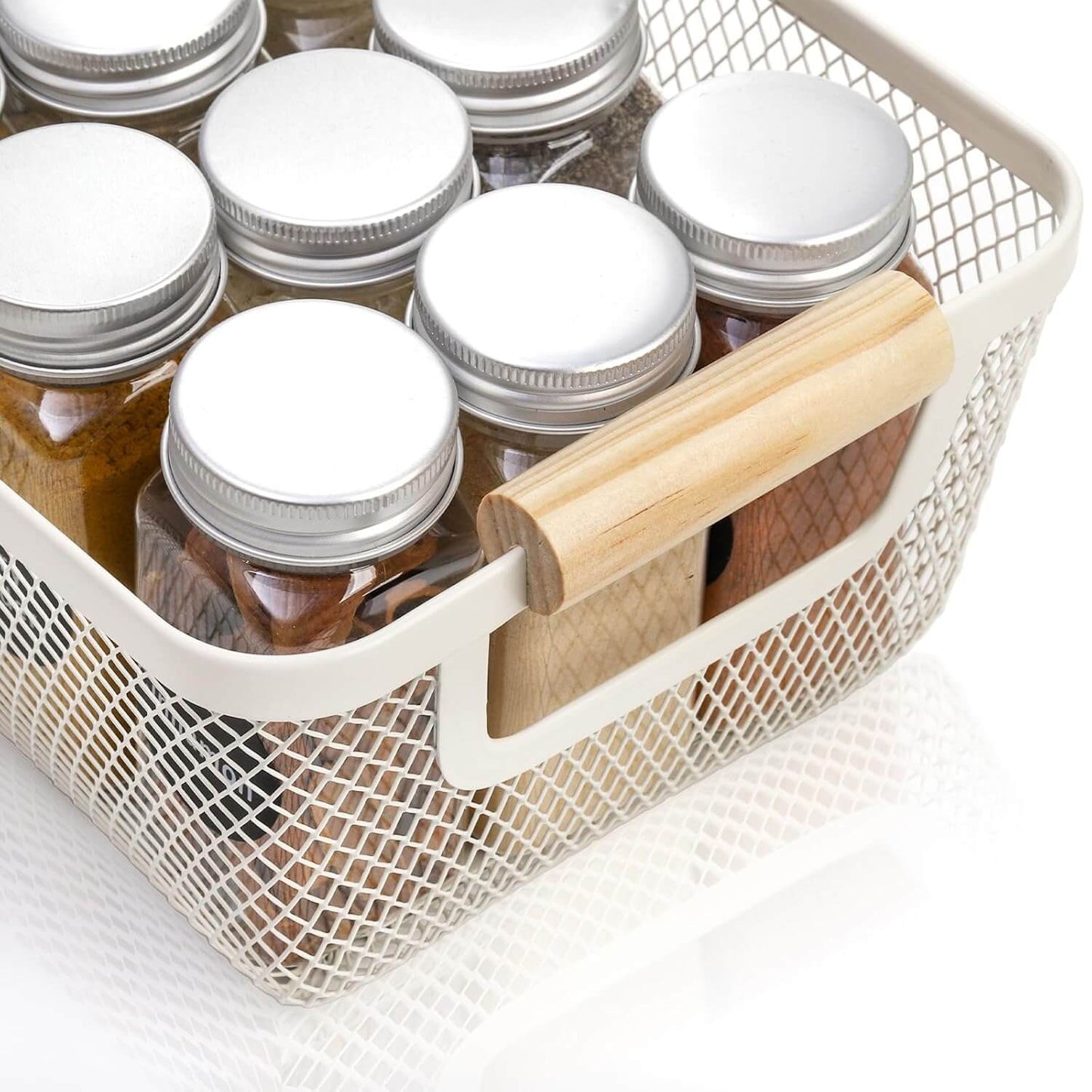 White Mesh Storage Basket with Wooden Handles-1