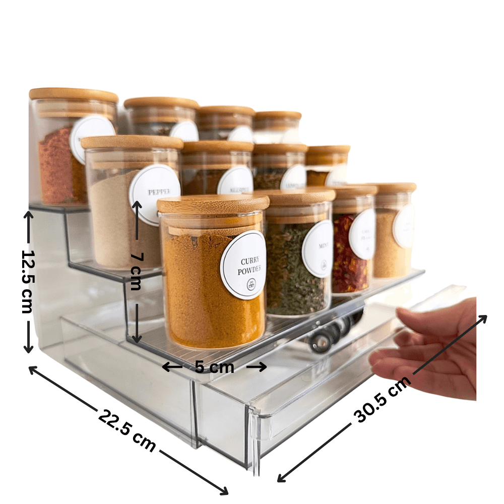 Spice Rack with 12 Bamboo Jars – Acrylic Drawer Organiser-2