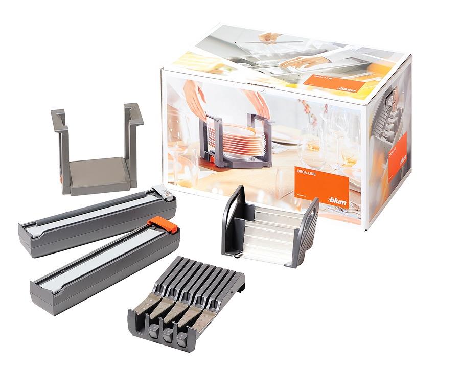 Blum ORGA-LINE Drawer Insert Kitchen Tools - 1 Film Dispenser, 1 Foil Dispenser, 1 Knife Holder, 2 Plate Holders, 2 Spice Holders by W&B
