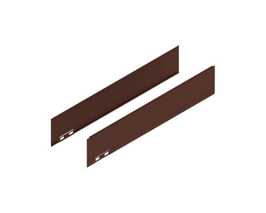 Blum LEGRABOX 450 mm M‑height side decorative panels in Noble Rust textured finish — rustic-style metal drawer exterior for custom cabinetry