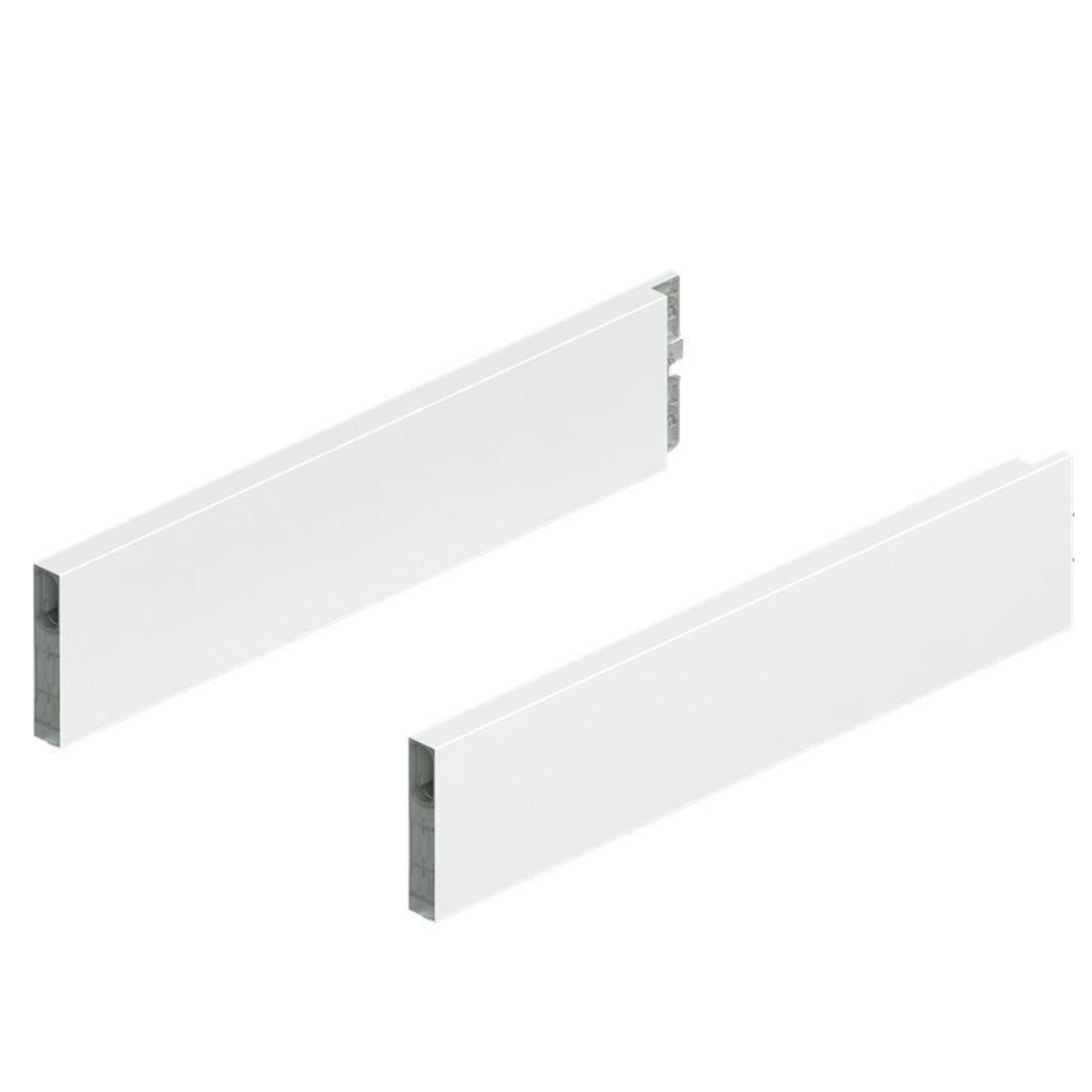 Blum MERIVOBOX 400mm BOXCAP design element in silk white for drawer systems, premium metal drawer hardware finishing component