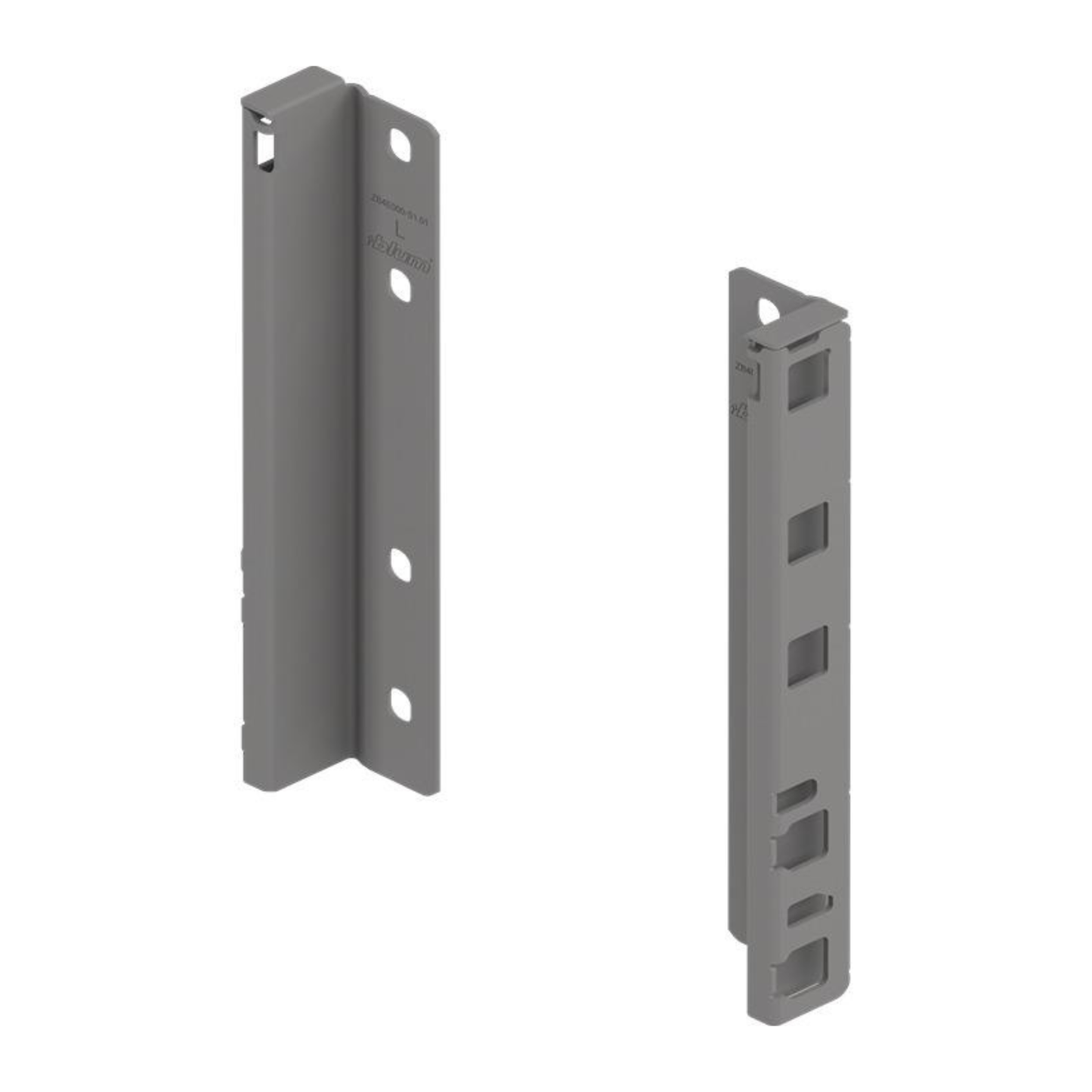 Blum MERIVOBOX E height back fixing bracket set in Indium Grey for secure drawer system installation