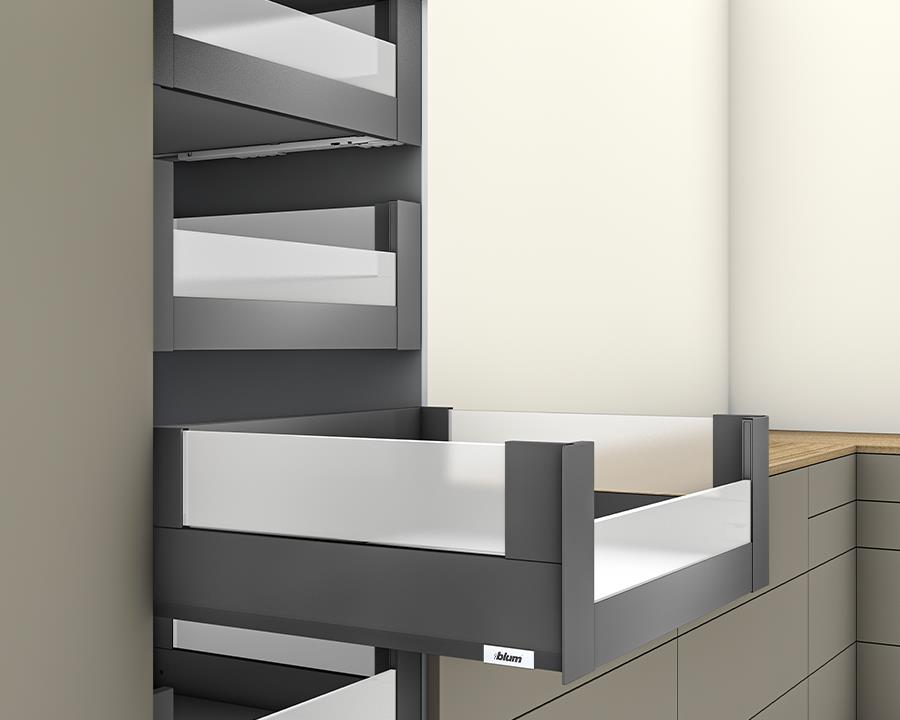 Blum MERIVOBOX 600 mm Orion Grey BOXCOVER drawer with slim steel sides and integrated BLUMOTION soft‑close runners — 40 kg capacity full‑extension drawer box