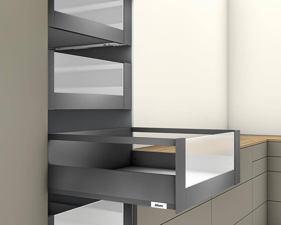 Blum MERIVOBOX 192 mm E‑height inner drawer with high‑glass sides in Orion Grey, 350 mm length, 40 kg capacity — for 600 mm cabinet