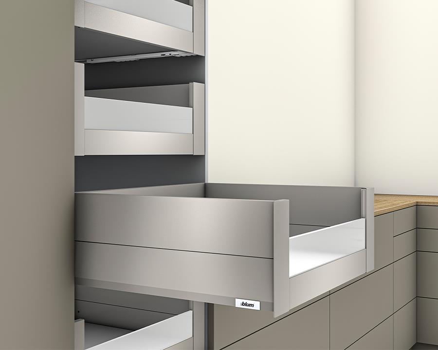 Blum MERIVOBOX 192 mm E‑height inner drawer BOXCAP with low‑glass sides, 270 mm length, Indium Grey finish, 40 kg load capacity — suitable for 600 mm cabinet