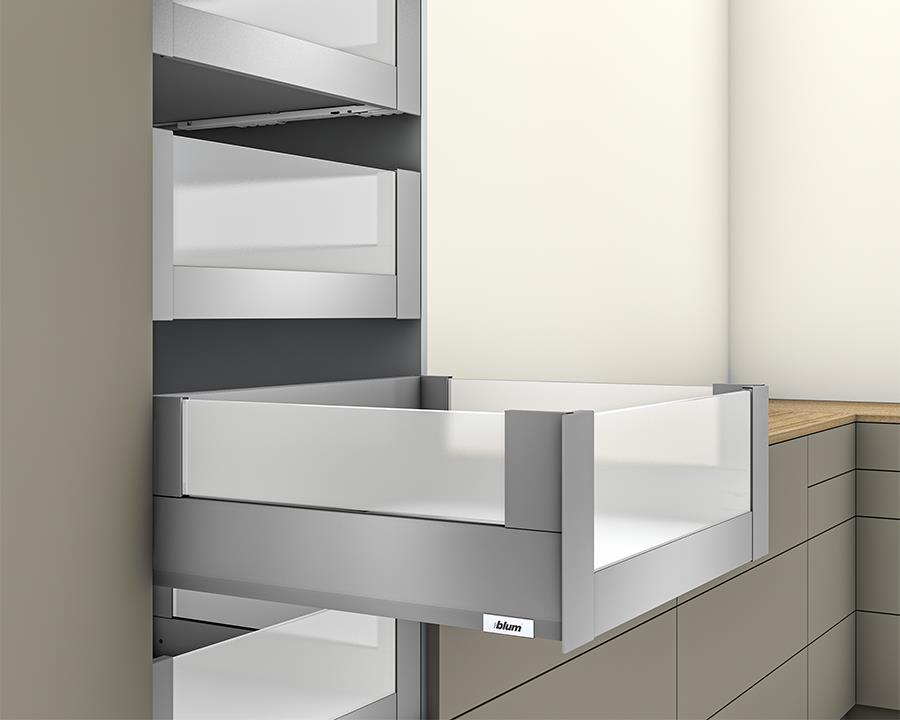 Blum MERIVOBOX 450 mm inner drawer BOXCOVER with high‑glass side panels, Indium Grey finish, 192 mm height, 40 kg load capacity — for 1200 mm wide kitchen cabinet