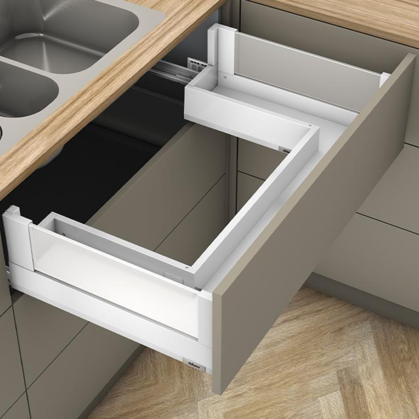 Blum MERIVOBOX 192 mm E‑height sink drawer in Silk White, 450 mm full‑extension drawer with BOXCOVER and BLUMOTION soft‑close, 40 kg load capacity
