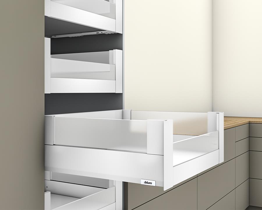 Blum MERIVOBOX E Height inner drawer BOXCOVER with low glass design element, 550mm BLUMOTION soft‑close runner, Silk White 40kg, fits 1200mm cabinet