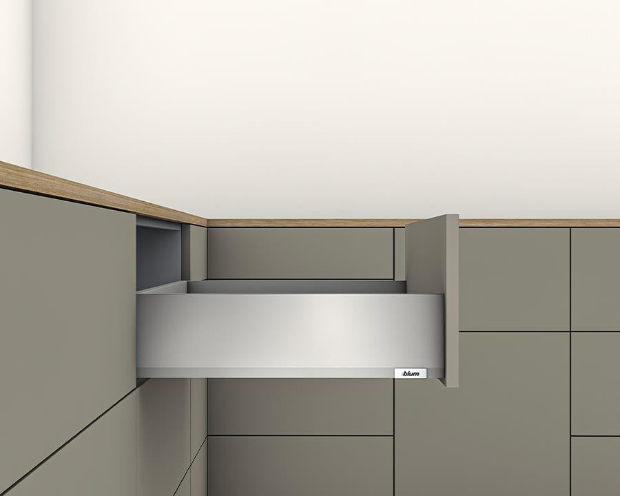 Blum MERIVOBOX K 129 mm drawer sides, 550 mm depth, indium grey matt finish, with soft‑close BLUMOTION, 70 kg load capacity