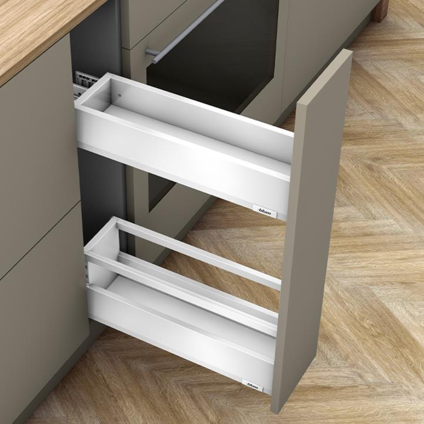 Blum MERIVOBOX SPACE TWIN 400 mm drawer with BOXCAP in Silk White — sleek full‑extension metal drawer system with BLUMOTION soft‑close, slim‑side design, 40 kg load capacity, by Wilson & Bradley