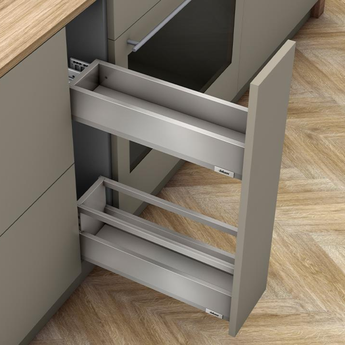 Blum MERIVOBOX SPACE TWIN 550 mm drawer system with BOXCAP in Indium Grey, BLUMOTION soft‑close, full extension, heavy‑duty 70 kg capacity by Wilson and Bradley