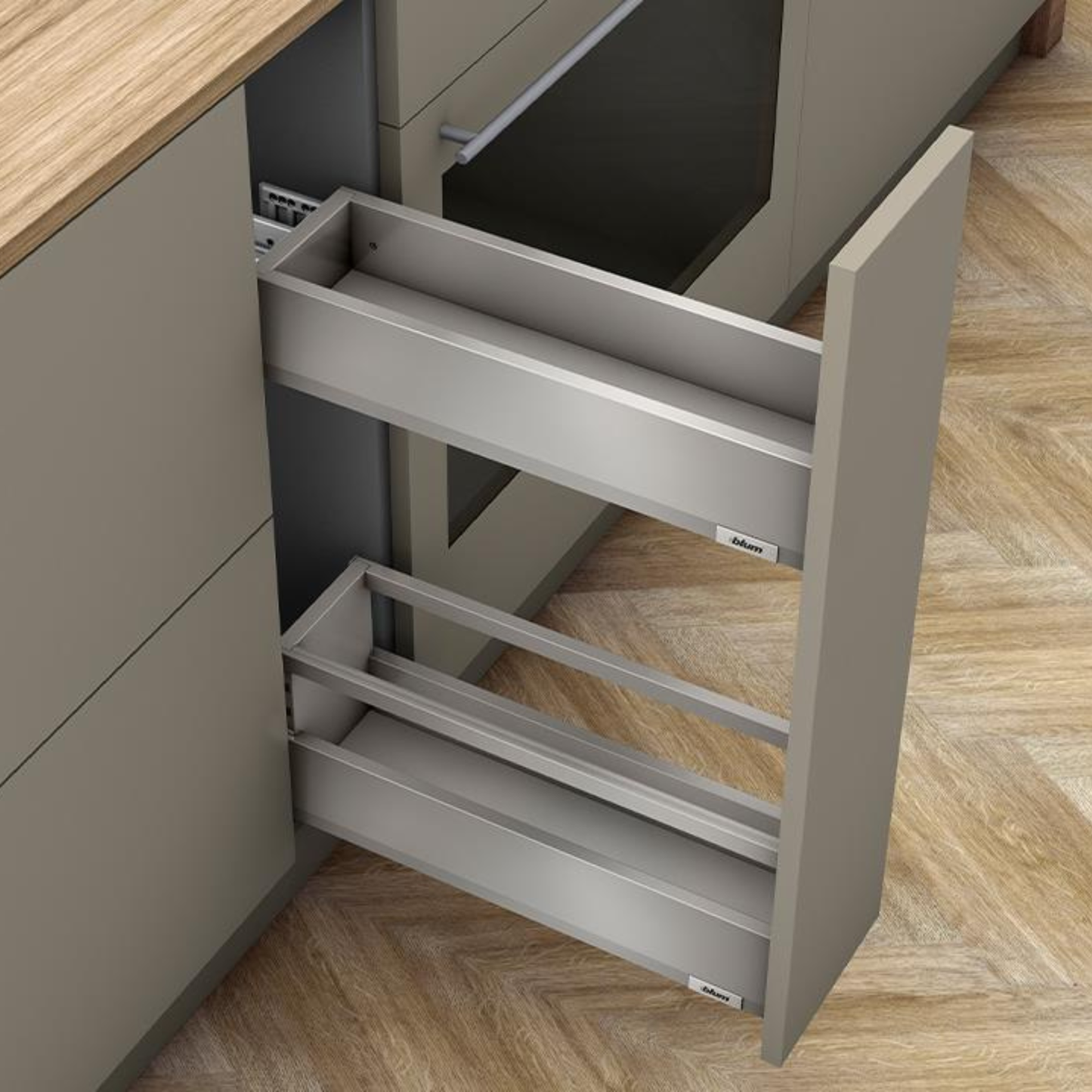 Blum MERIVOBOX SPACE TWIN 500 mm drawer with BOXCOVER in Indium Grey, 70 kg load rating, soft‑close BLUMOTION kitchen drawer system