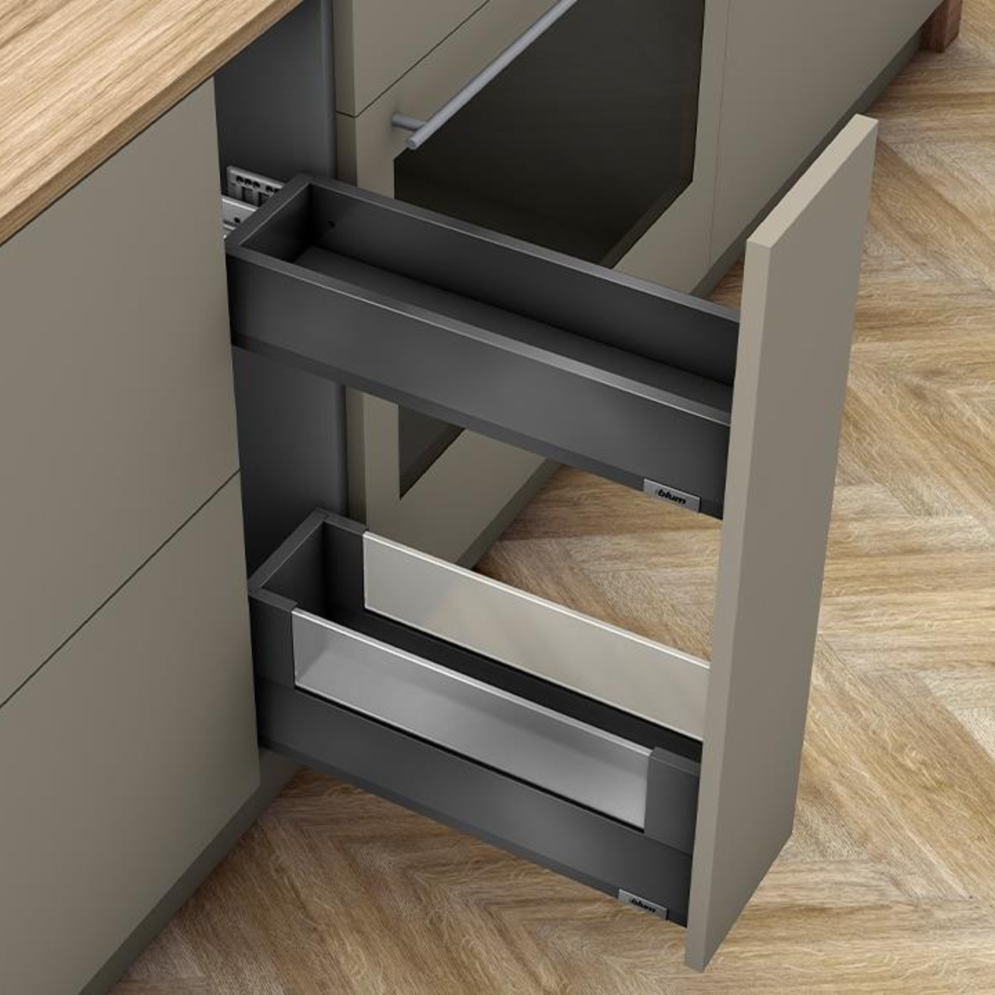 Blum MERIVOBOX SPACE TWIN 550 mm drawer with BOXCOVER in Orion Grey, 70 kg load capacity, integrated BLUMOTION soft‑close kitchen drawer
