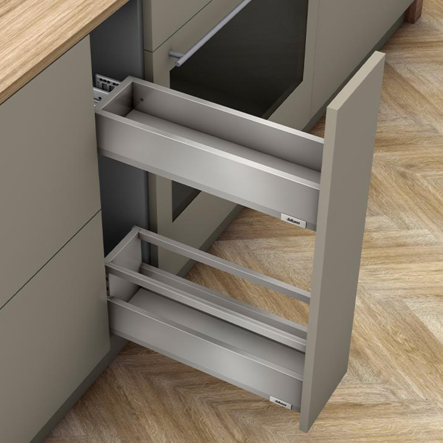 Blum MERIVOBOX SPACE TWIN 500 mm single‑gallery drawer in Indium Grey metal finish, 40 kg load capacity, soft‑close BLUMOTION kitchen drawer system