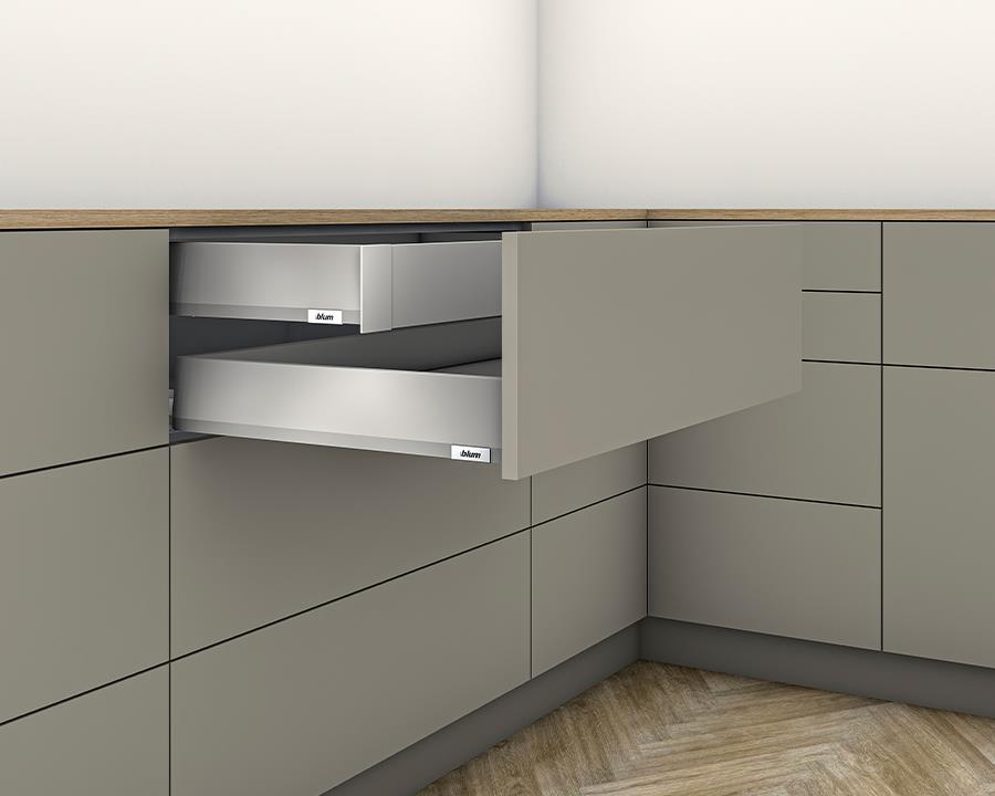 Blum MERIVOBOX 91 mm M‑height inner drawer, 400 mm length, Indium Grey finish, 40 kg load capacity — compact full‑extension cabinet drawer