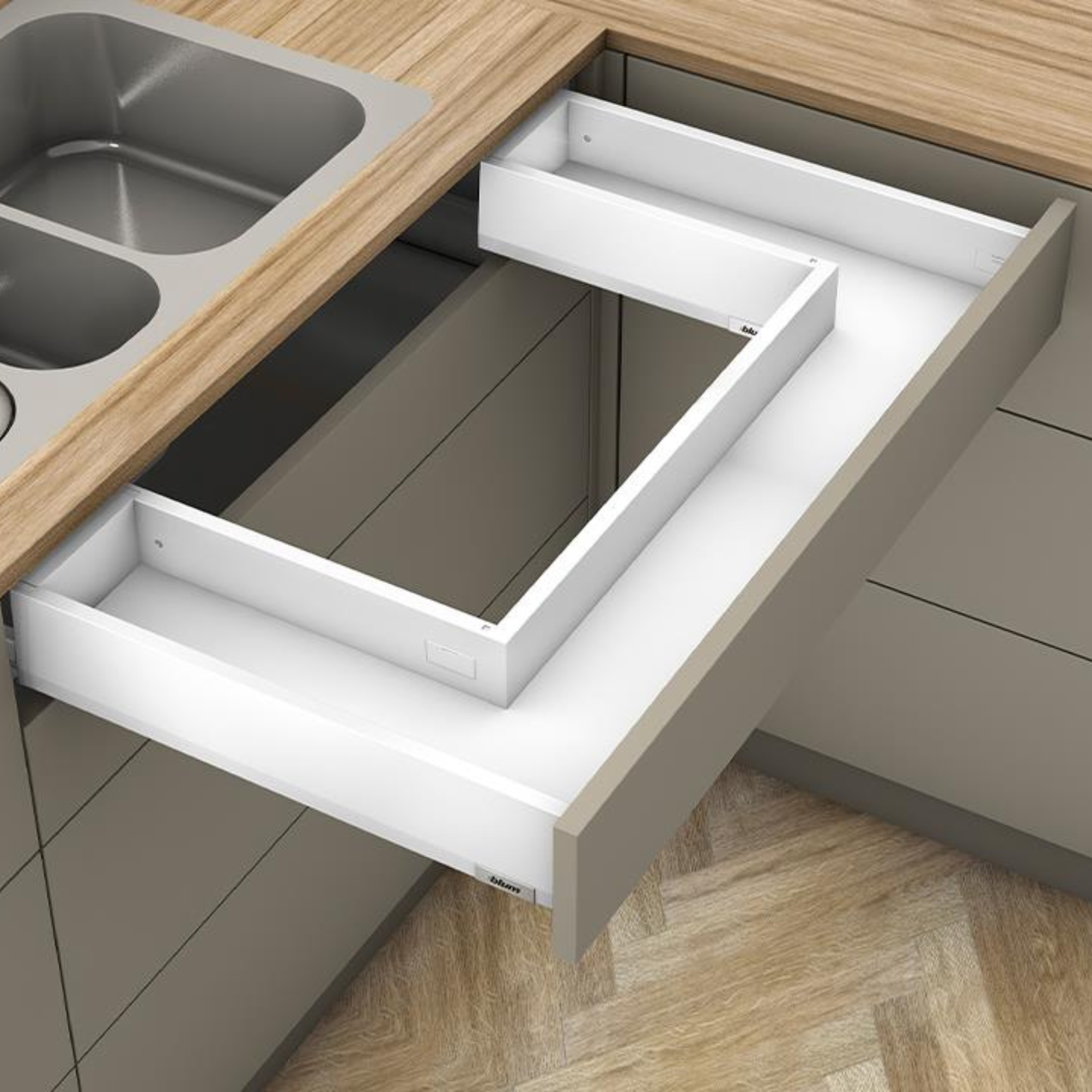 Blum MERIVOBOX M‑height 91 mm sink drawer in Silk White, 500 mm full‑extension drawer with BLUMOTION soft‑close, 40 kg load capacity
