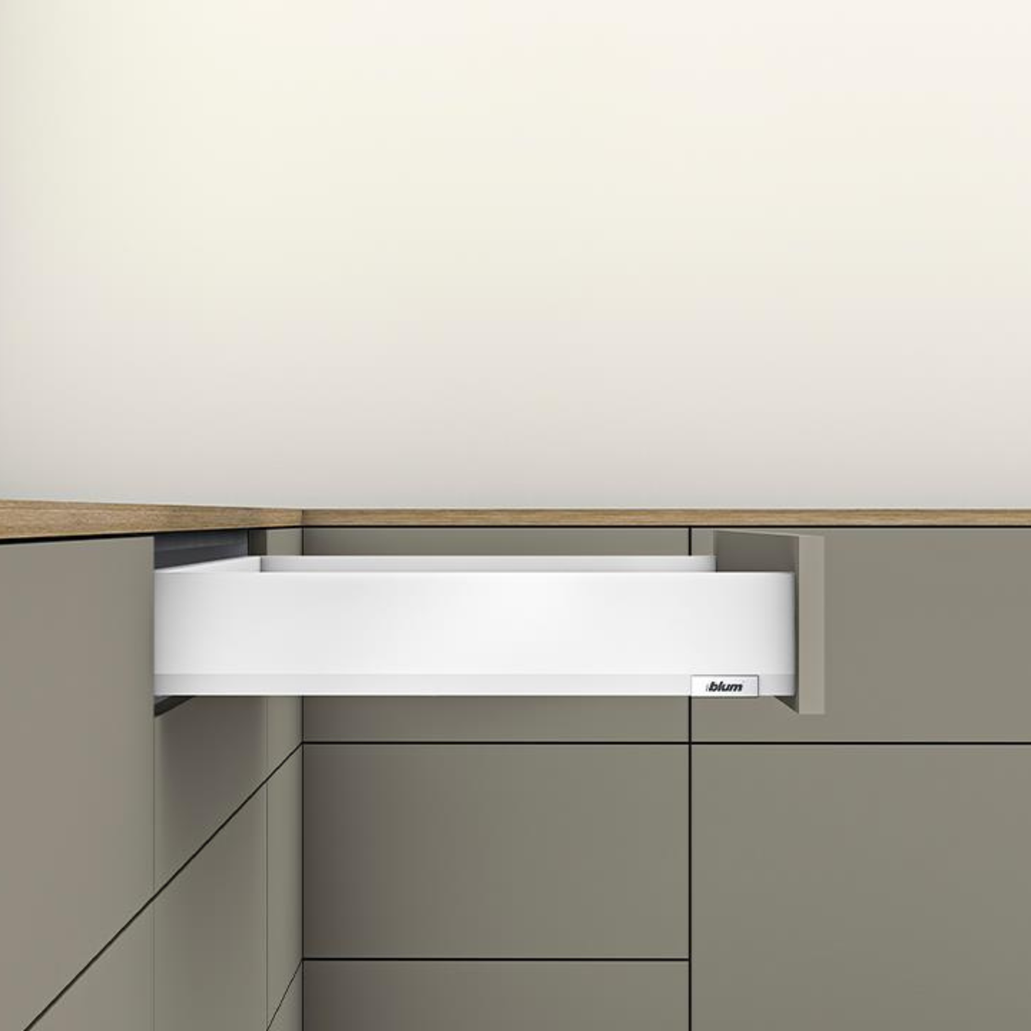 Blum MERIVOBOX M height 91 mm 450 mm drawer with TIP‑ON BLUMOTION handle‑less opening support, Silk White finish, 70 kg load capacity – industrial modular drawer system for kitchens, wardrobes and cabinetry