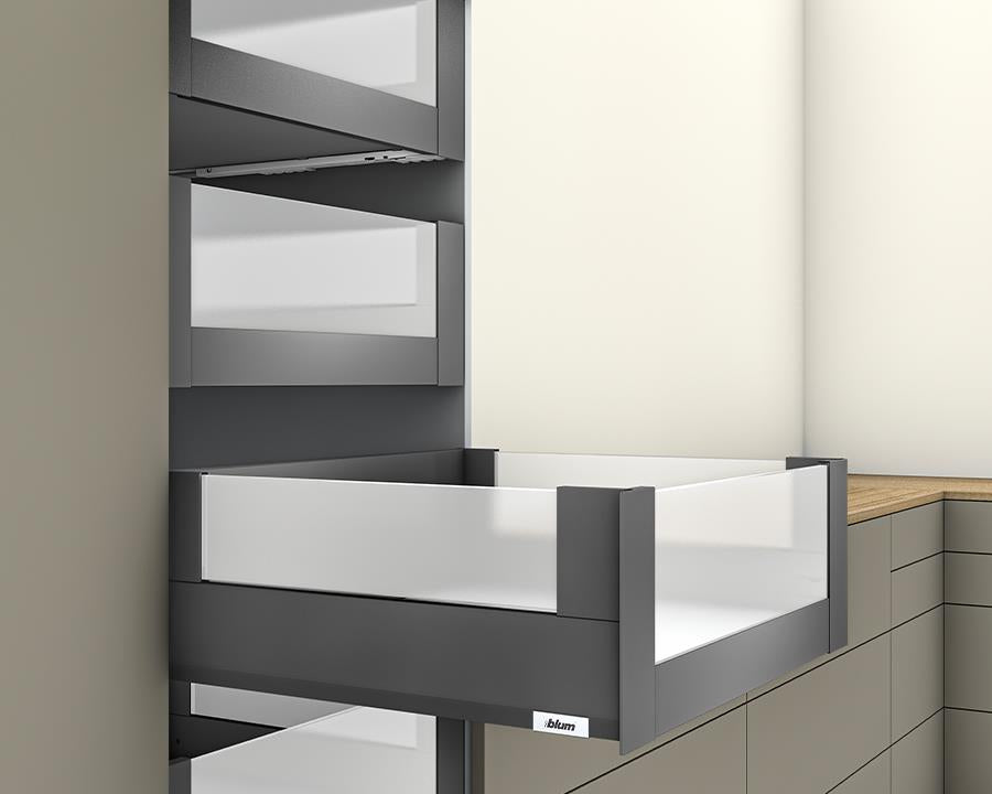 Blum MERIVOBOX 192 mm E‑height inner drawer boxcover 450 mm with high‑glass design front, Orion Grey finish, Blumotion soft‑close, 70 kg load capacity – suitable for 600 mm wide cabinets