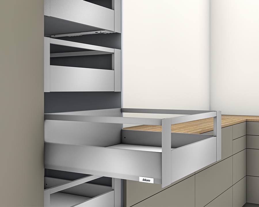 Blum MERIVOBOX 192 mm E‑Height inner drawer gallery with 600 mm front gallery rail, Indium Grey finish, smooth BLUMOTION soft‑close, 70 kg load capacity by Wilson and Bradley