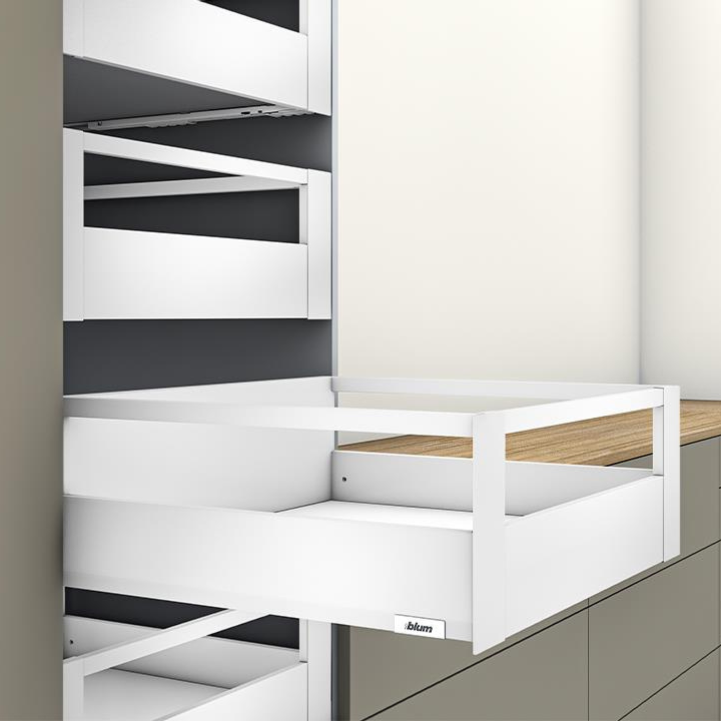 Blum MERIVOBOX 192 mm inner drawer gallery with 500 mm front rail in silk white, soft‑close Blumotion, 40 kg load capacity — ideal modular kitchen drawer hardware