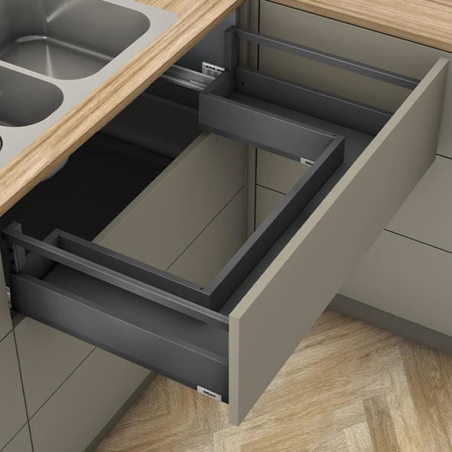 Blum MERIVOBOX 450 mm E‑height sink drawer in Orion Grey with single gallery rail, soft‑close BLUMOTION, 192 mm drawer side height, 40 kg load capacity