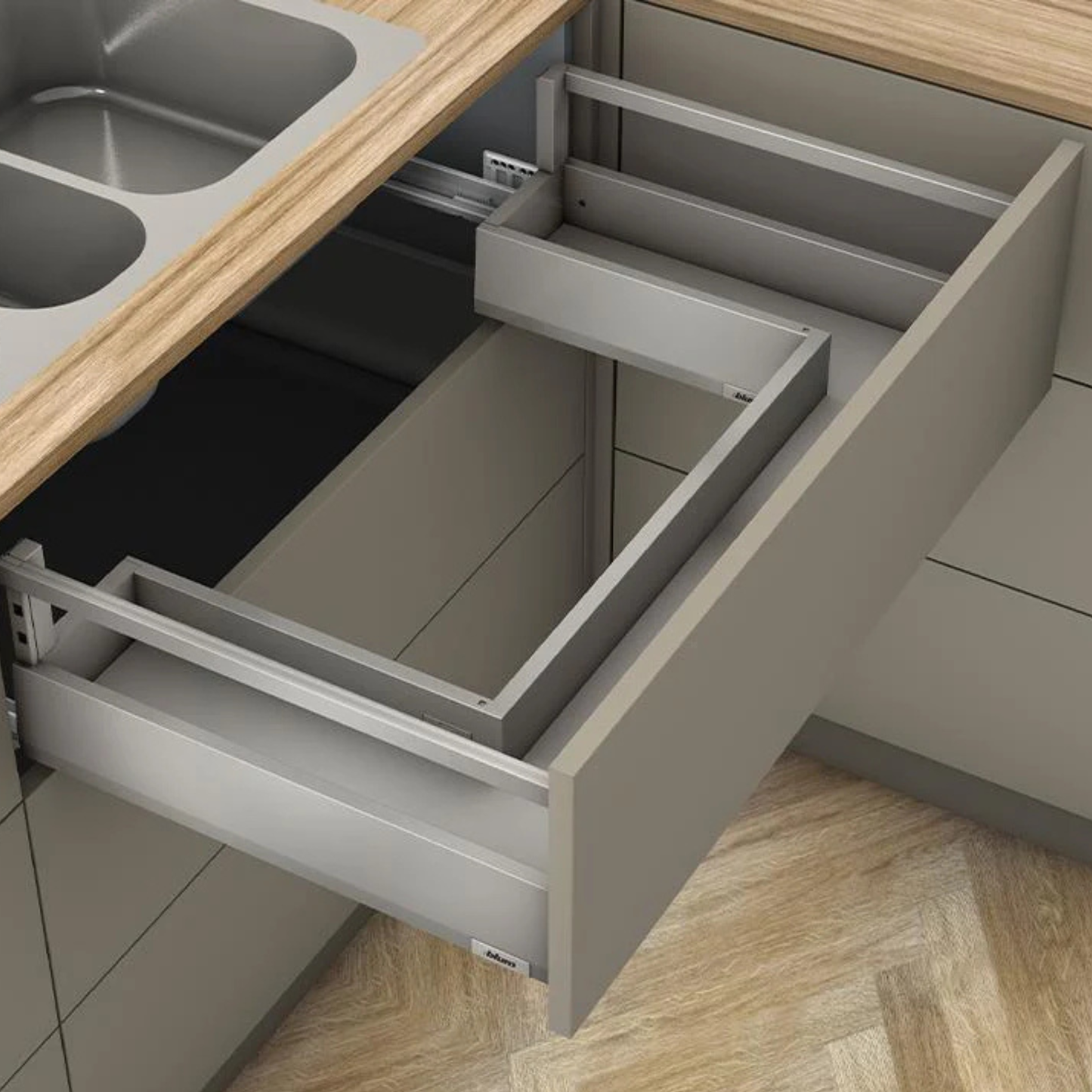 Blum MERIVOBOX 550 mm E‑height sink drawer in Indium Grey with single gallery rail, full‑extension soft‑close BLUMOTION, 192 mm drawer sides, 40 kg load capacity