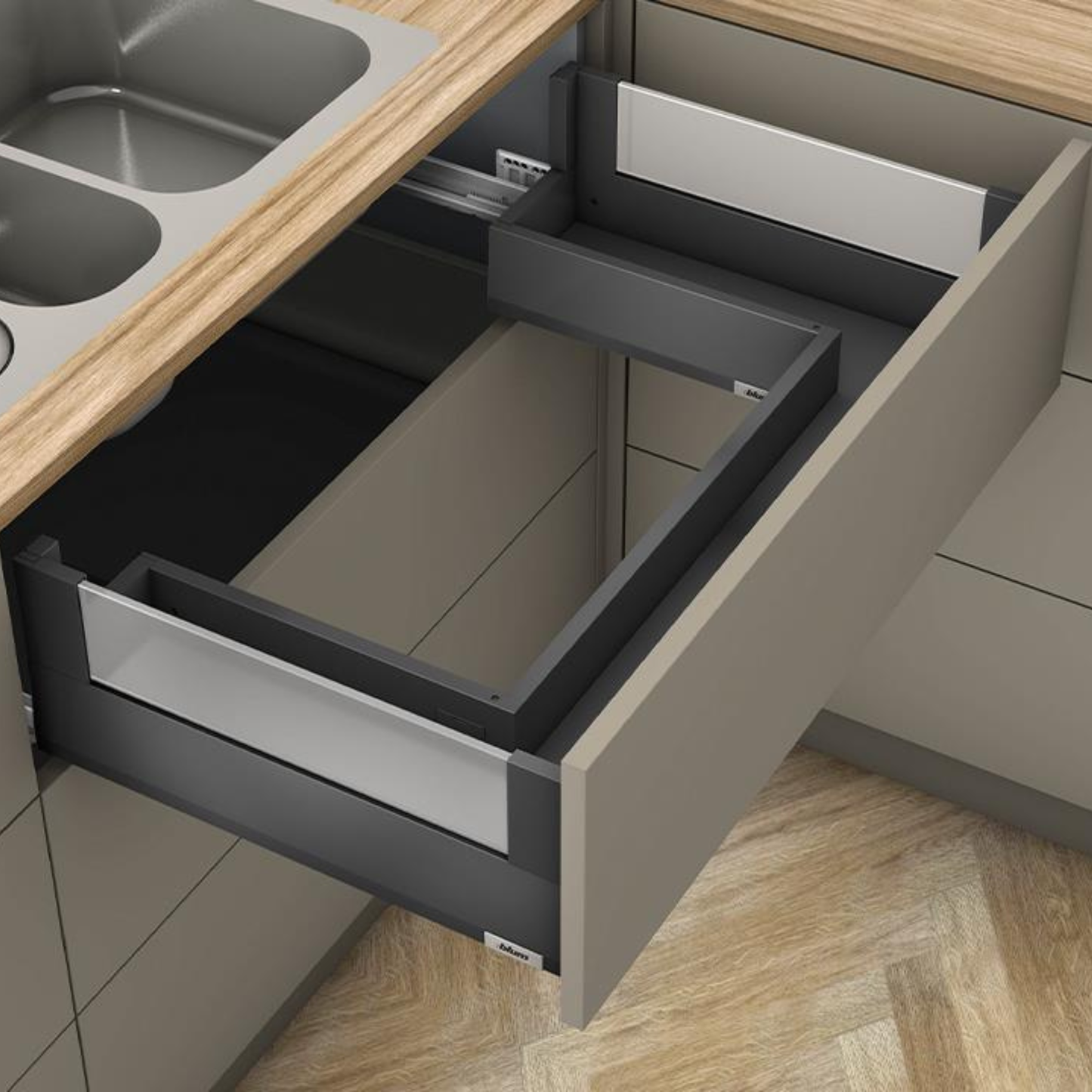 Blum MERIVOBOX 600 mm E‑height sink drawer with BOXCOVER in Orion Grey, soft‑close BLUMOTION, 192 mm drawer side, 40 kg load capacity
