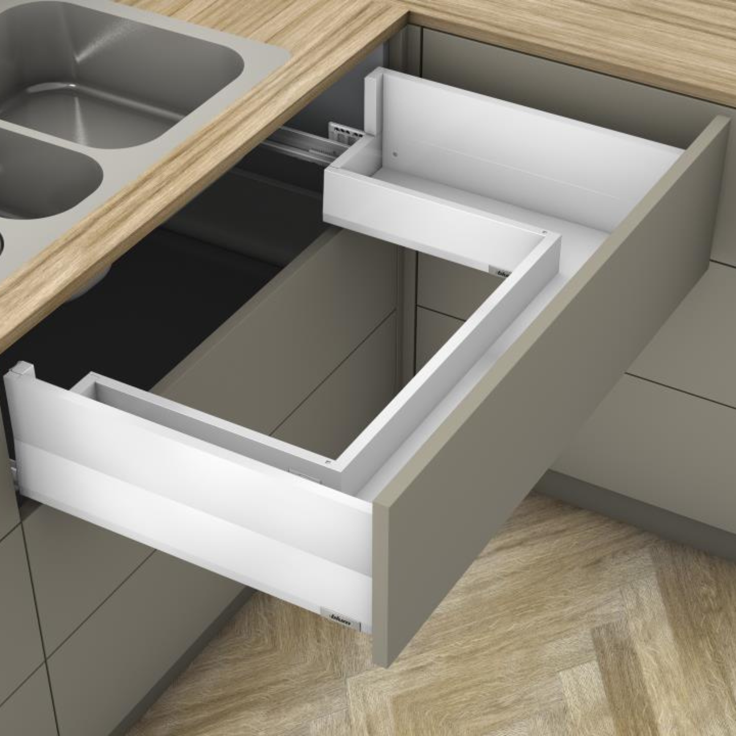 Blum MERIVOBOX 192 mm high modular sink drawer with BOXCAP, 450 mm wide, silk white steel finish, 70 kg load rating, soft‑close BLUMOTION kitchen drawer side