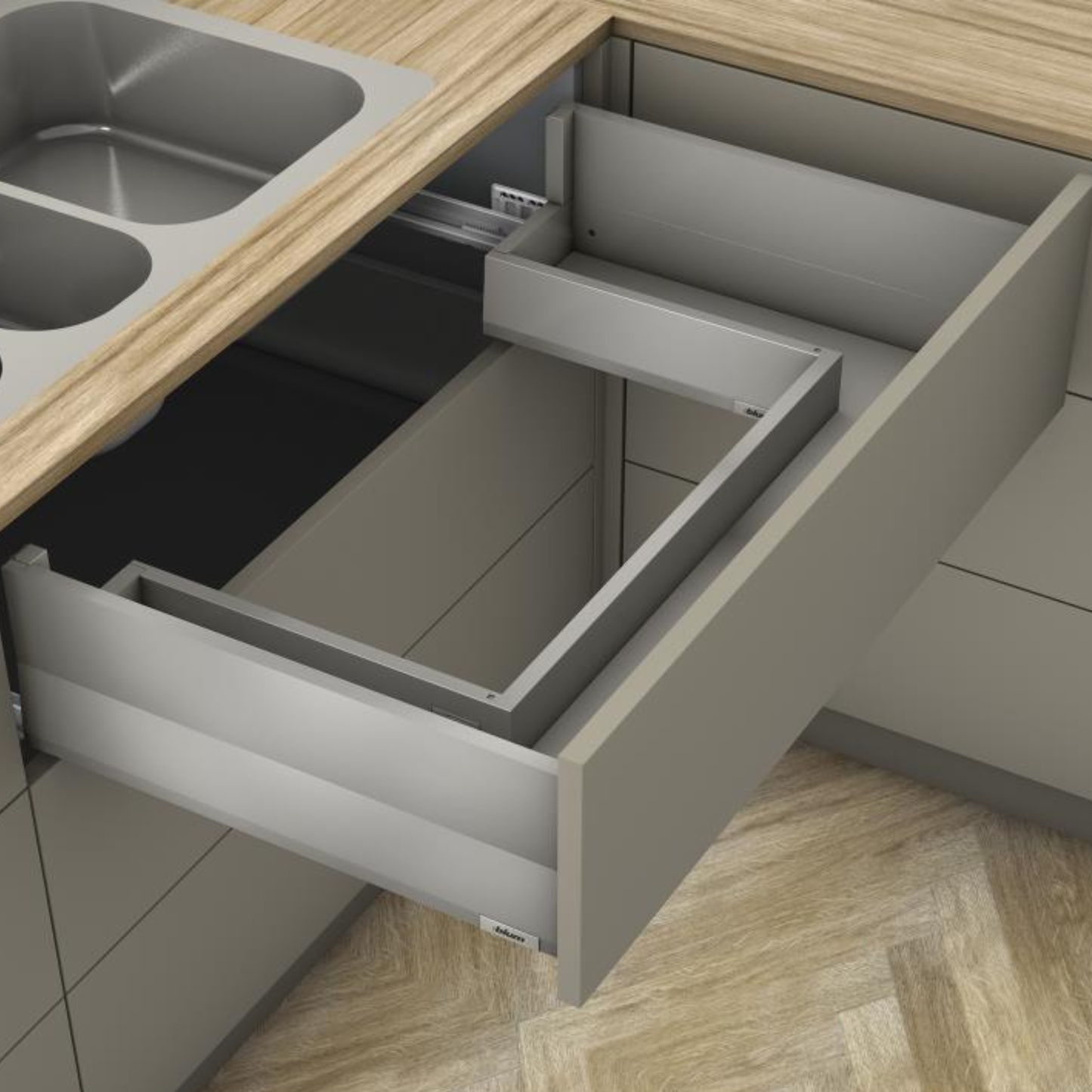 Blum MERIVOBOX modular E height 192mm sink drawer with BOXCAP in Indium Grey, 500mm, 40kg – durable, smooth motion, ideal for kitchen sink storage