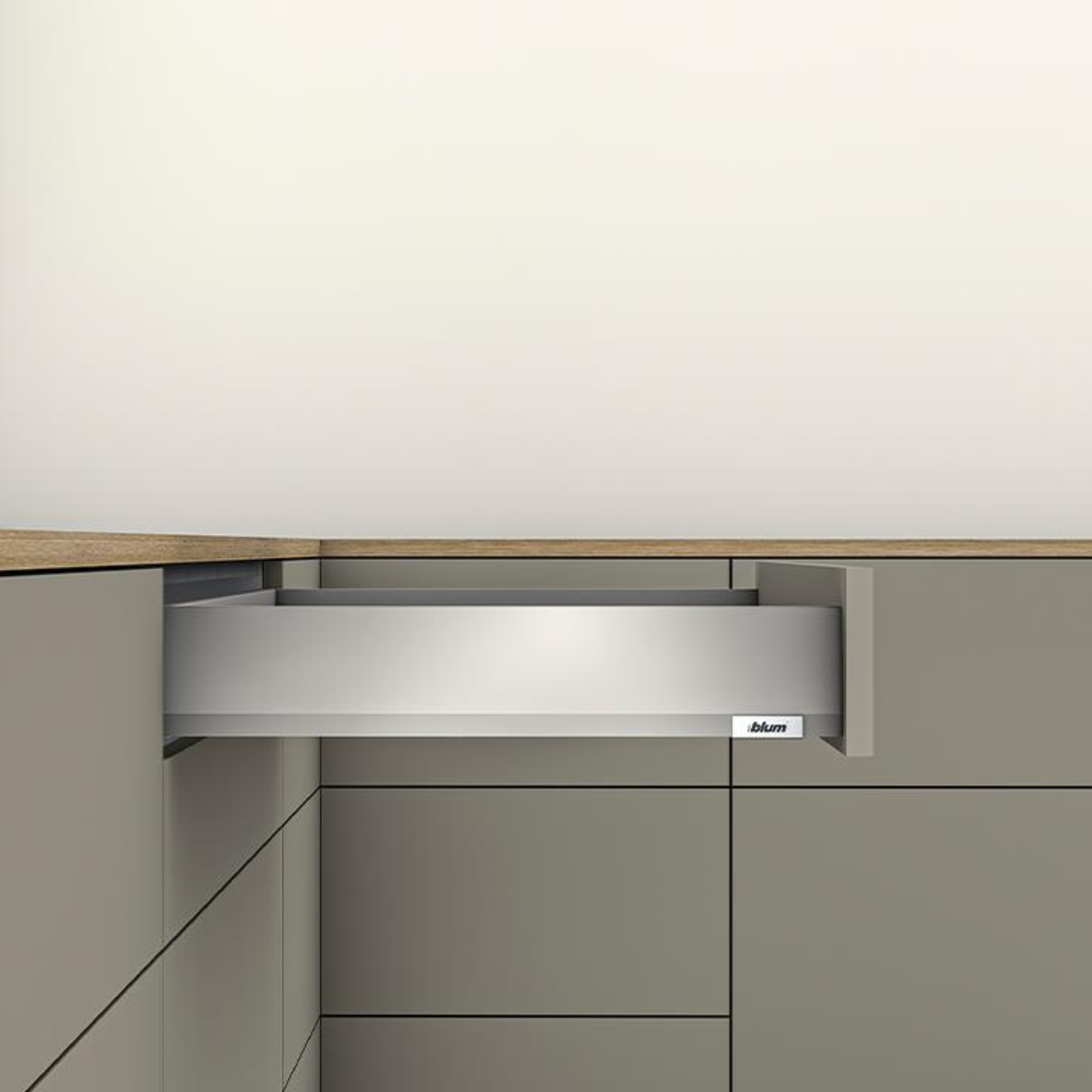 Blum MERIVOBOX 400 mm Indium Grey M‑Height (91 mm) full‑extension metal drawer with TIP‑ON BLUMOTION soft‑close, 40 kg capacity