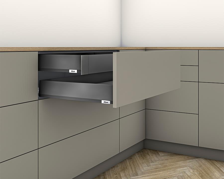 Blum MERIVOBOX 450 mm M‑height 91 mm inner drawer in Orion Grey with BLUMOTION soft‑close, 40 kg capacity