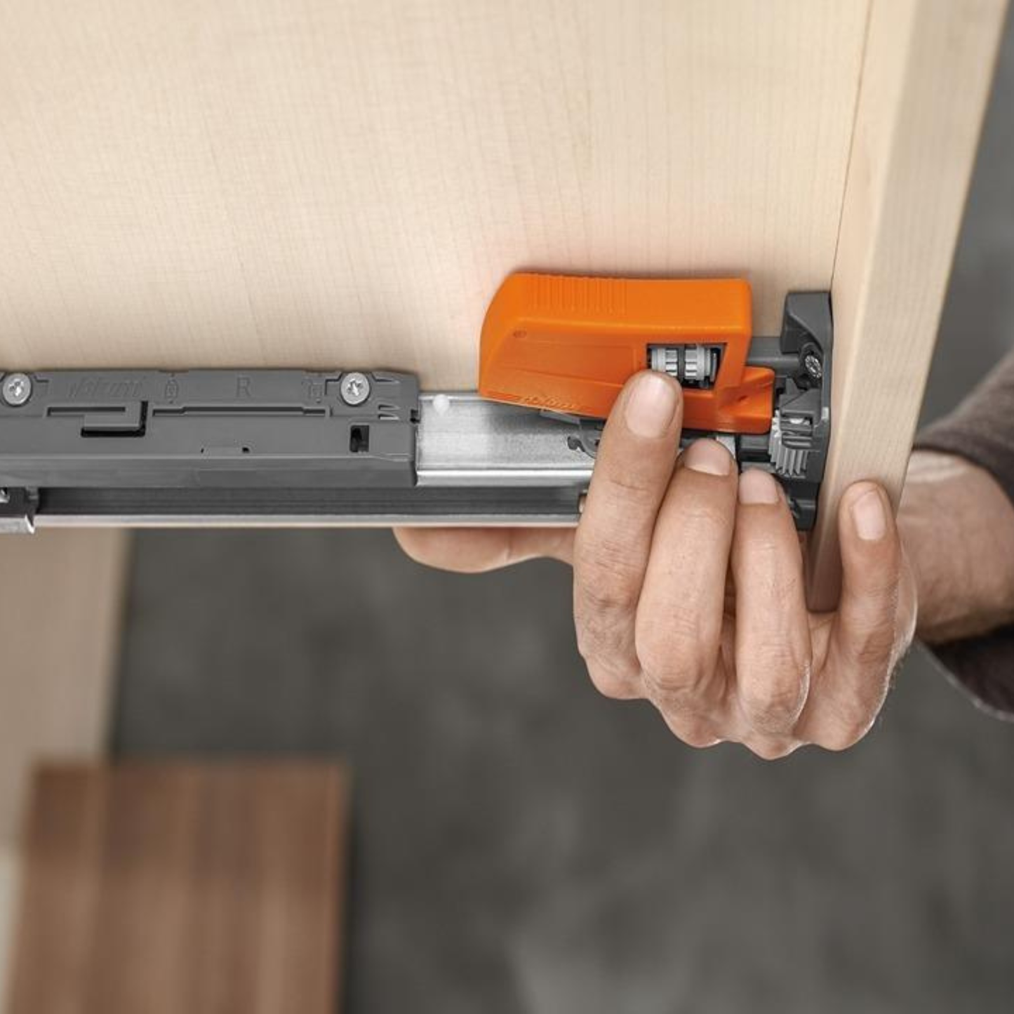 Blum MOVENTO right‑hand locking device T51.7601 orange nylon and steel drawer runner accessory