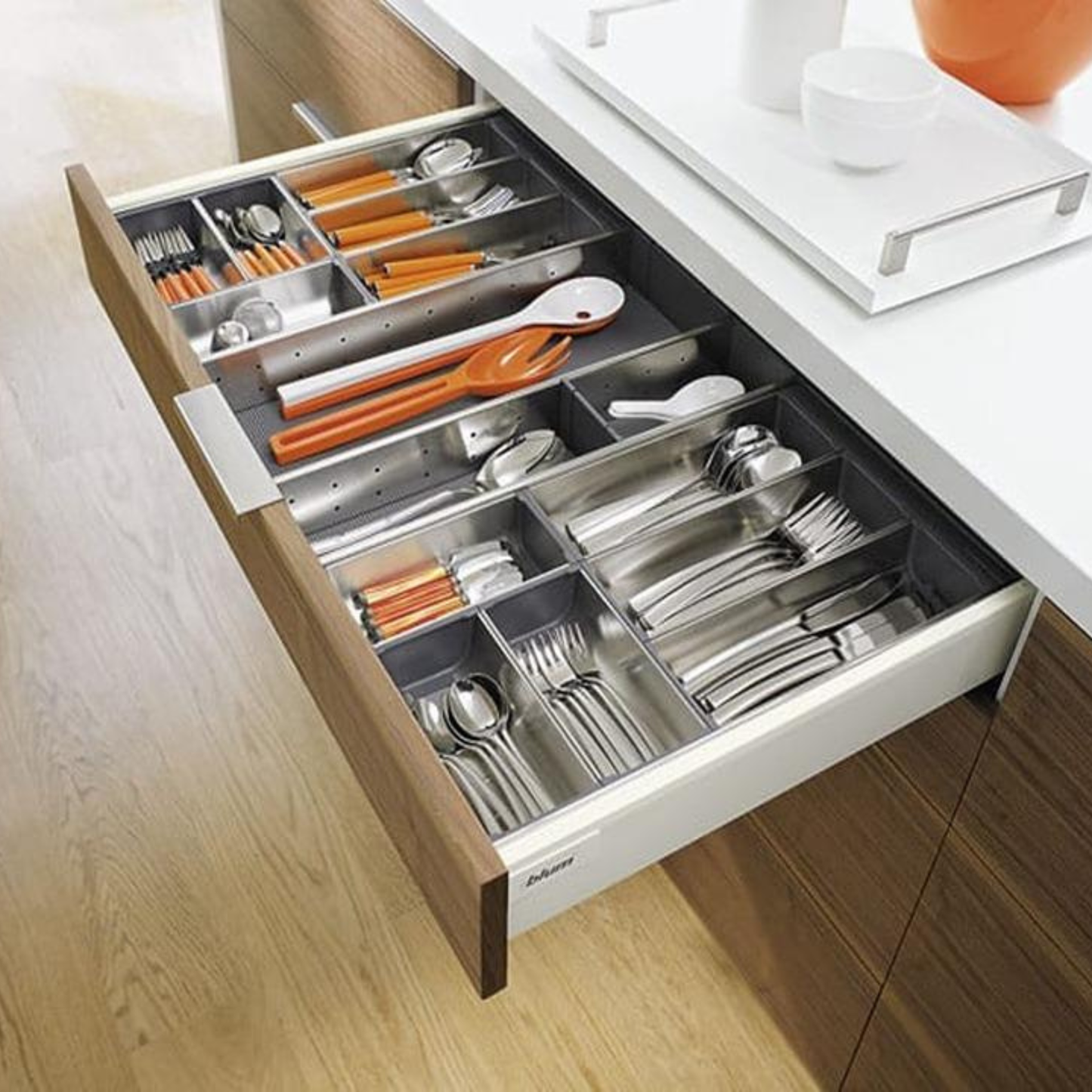 Blum ORGA‑LINE drawer insert container 264mm x 88mm in brushed stainless steel dust grey for drawer organisation