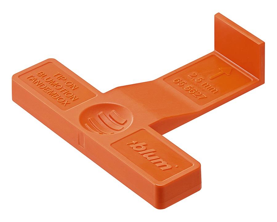 Blum setup template 65.5627 for TIP‑ON BLUMOTION with TANDEMBOX, orange nylon gap jig