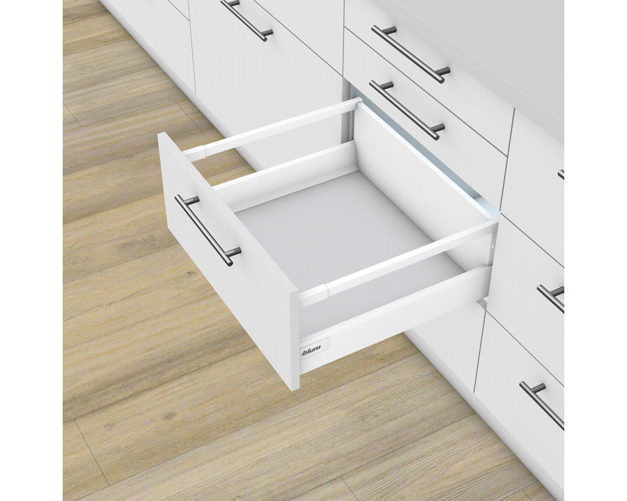 Blum TANDEMBOX Antaro high‑fronted drawer, 199 mm D‑height, 270 mm length, silk white finish, soft‑close BLUMOTION, 30 kg capacity