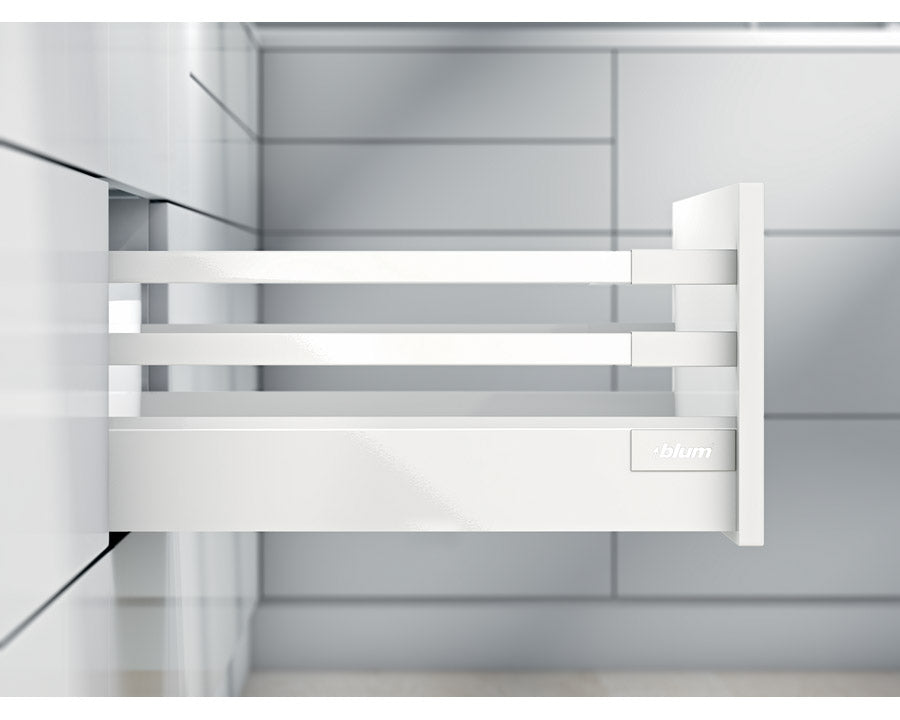 Blum TANDEMBOX Antaro high‑fronted drawer, 199 mm D-height, 550 mm length, silk white finish, double‑gallery rails, soft‑close BLUMOTION, 65 kg capacity
