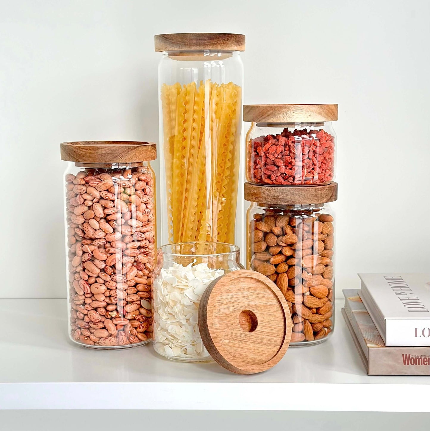 Round Glass Acacia Storage Jar Set – 5 Pack-0