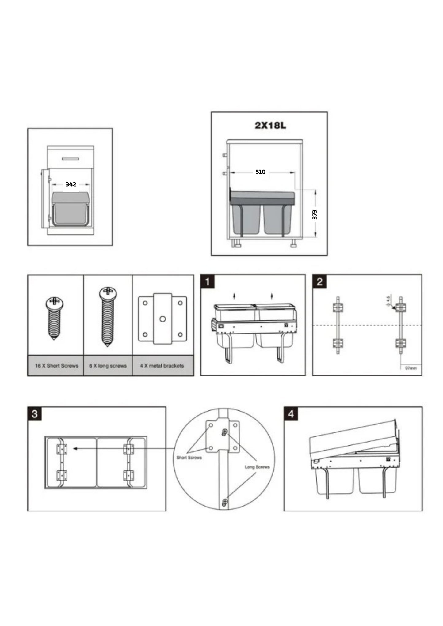 Dual 18 L plastic pull-out kitchen waste bin for 350 mm cabinet — soft-close waste system
