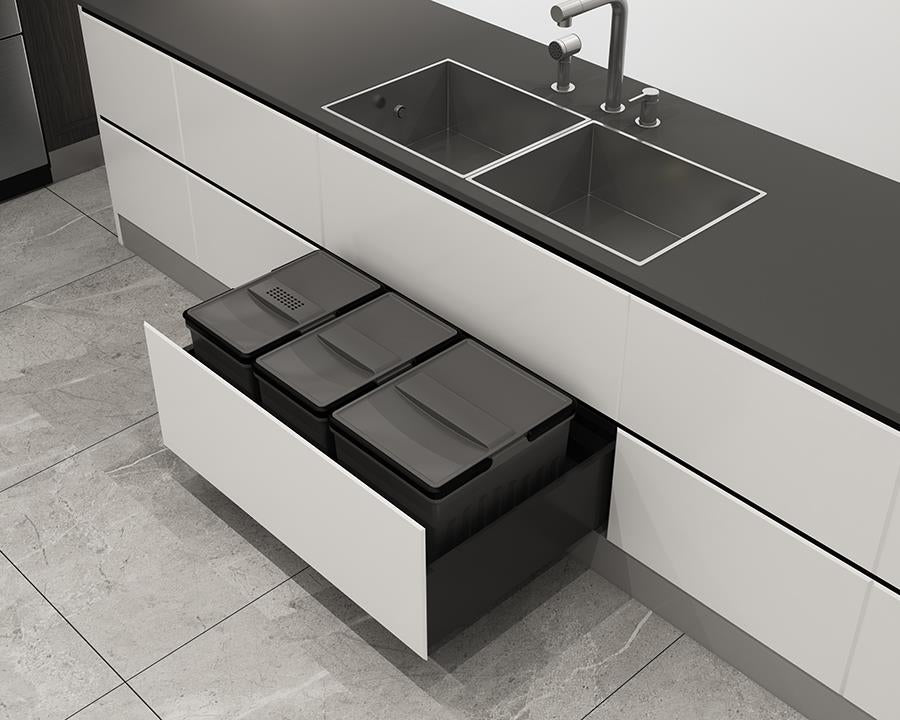 Imperial 50L (2x15L + 1x20L) Kitchen Bin in Dark Grey. To suit 800mm cabinet
