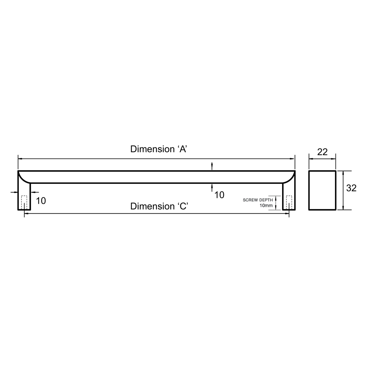Kethy 22mm polished stainless steel flat top handle – modern bold cabinet handle for kitchens, wardrobes, and furniture