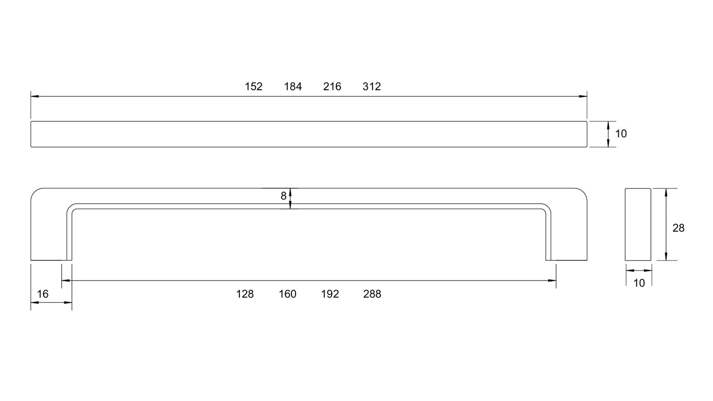 Kethy PM2810 Byron die‑cast zinc cabinet pull handle in matt finish – available in 128 mm to 288 mm centre‑to‑centre sizes