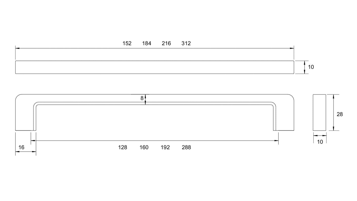Kethy PM2810 Byron die‑cast zinc cabinet pull handle in matt finish – available in 128 mm to 288 mm centre‑to‑centre sizes