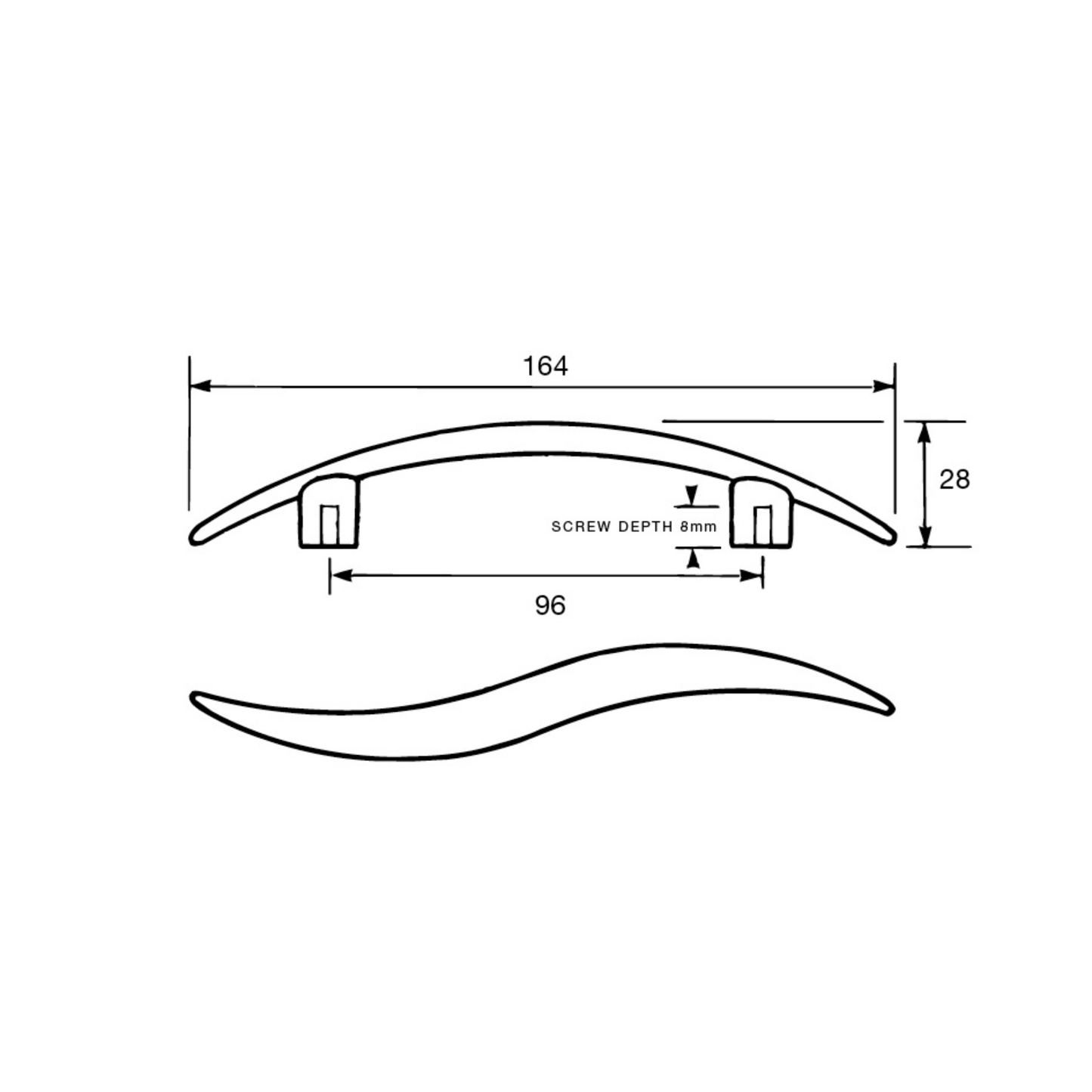 96mm Kethy wave handle, modern curved cabinet door and drawer pull handle in metal finish, suitable for kitchen cabinetry, furniture, and joinery applications