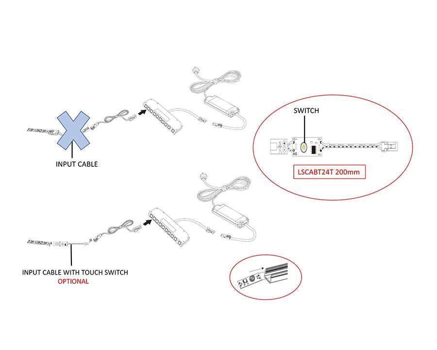 L&S LED 24V Input Cable with Touch Switch to suit 24V Flexible Strip Reel. Length: 200mm by W&B