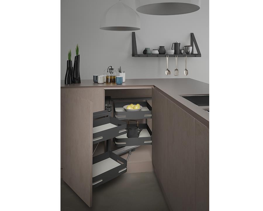 SIGE Materia 4 Basket Soft Close Corner Pull Out in Orion Grey with Silver Grey Base | Left Hand Application | For 900mm Carcase 860mm W 505mm D 600mm H