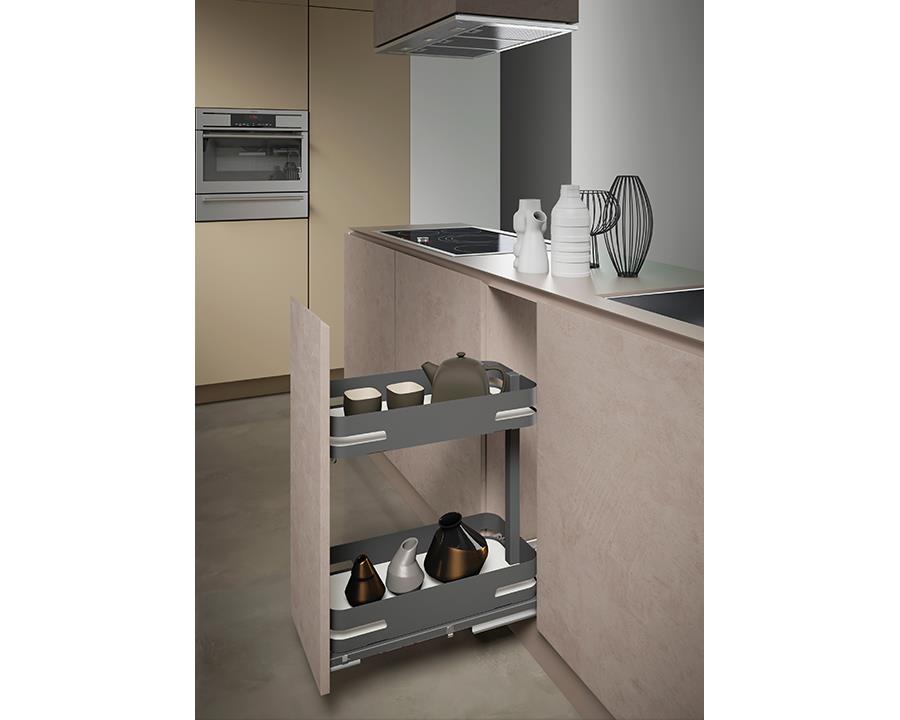SIGE Materia Bottom Mount Soft Close Bottle Rack in Orion Grey with Silver Grey Base. For 300mm Carcase. Width: 260 - 268mm. Depth: 500mm. Height: 520mm